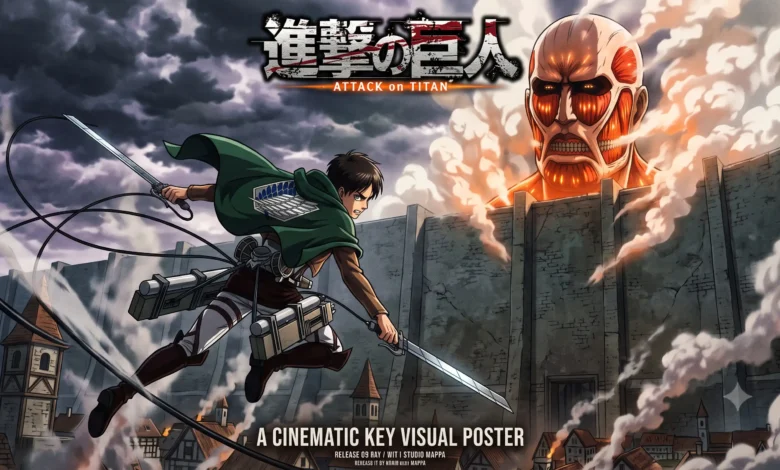 Attack on Titan watch order guide featured key visual art with Eren Yeager and the Colossal Titan