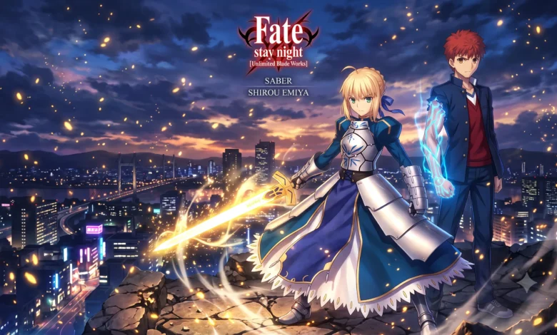 Fate series watch order guide featured key visual art with Saber and Shirou