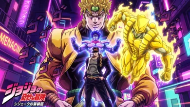 JoJo's Bizarre Adventure watch order guide featured key visual art with Jotaro Kujo and Dio Brando