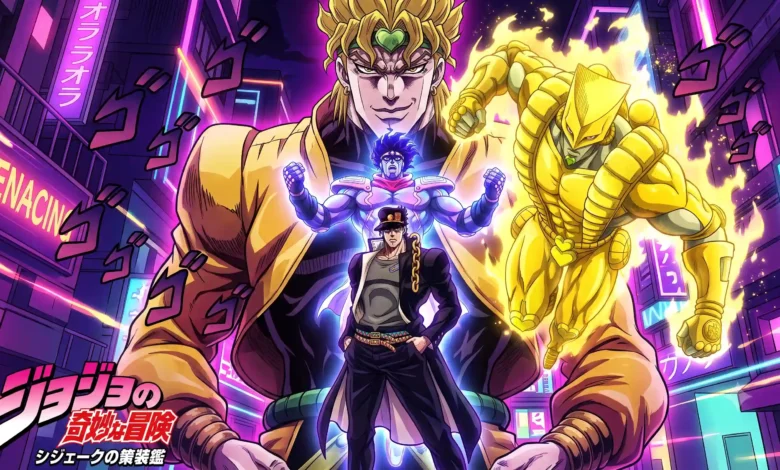 JoJo's Bizarre Adventure watch order guide featured key visual art with Jotaro Kujo and Dio Brando