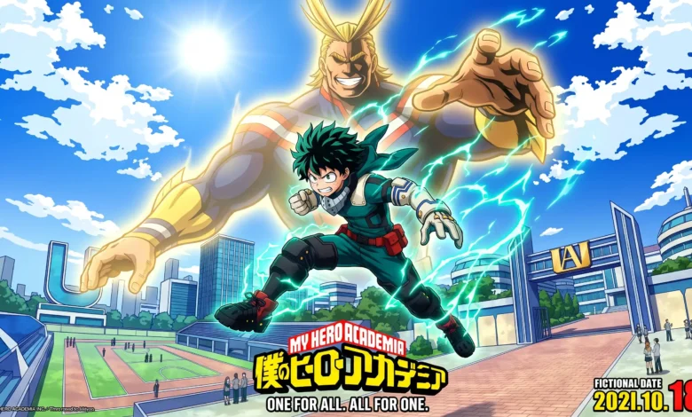 My Hero Academia watch order guide featured key visual art with Izuku Midoriya and All Might